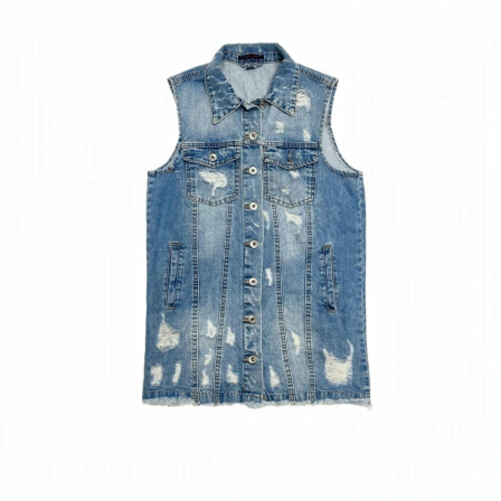 Ripped distressed long denim jean vest sleeveless size S blue light wash woman